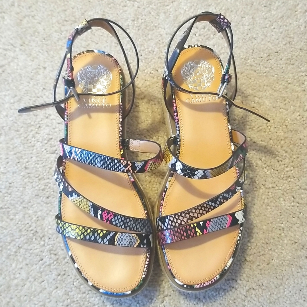 Vince Camuto Aevie Snake Print Leather Strappy Platform Espadrille Wedge Sandals
